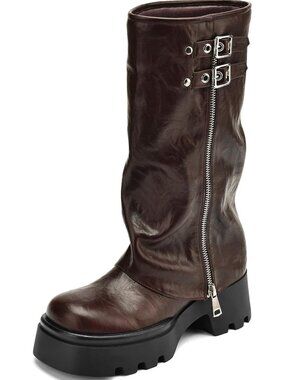 🆕Women's Burgundy Chunky Platform Moto Riding Boots Slouchy Fold Over